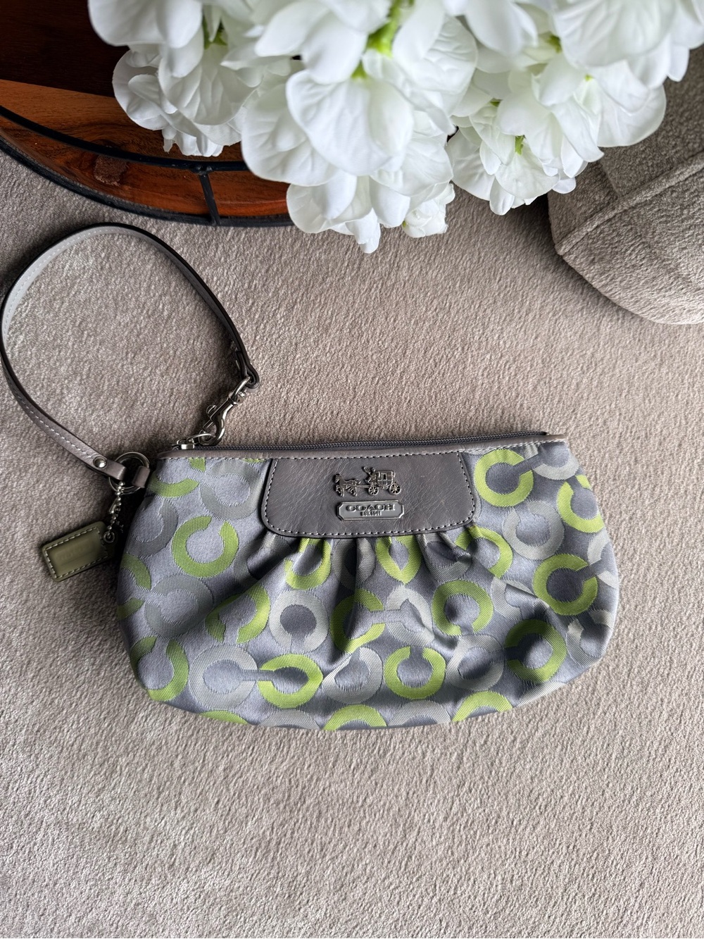 Coach Gray & Lime Vintage Signature Wristlet Authentic